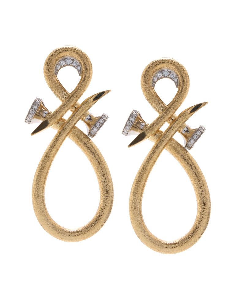 Diamond Tip Infinity Nail Earrings, Hammered 18K Gold