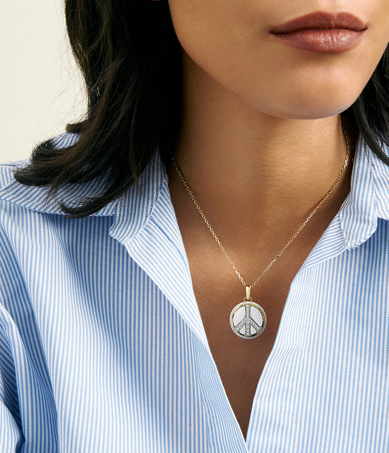 Peace Pendant Necklace, White Enamel