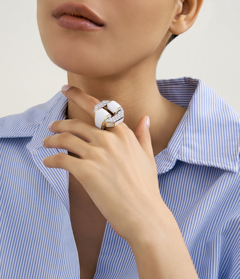 Octagonal Buckle Ring, White Enamel