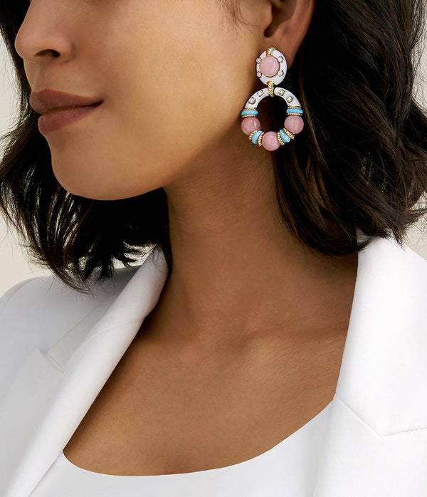 Stud Hoop Earrings, Pink Opal Beads with White Enamel