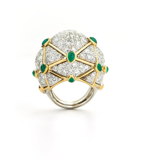 Geodesic Dome Ring, Emeralds, Diamonds