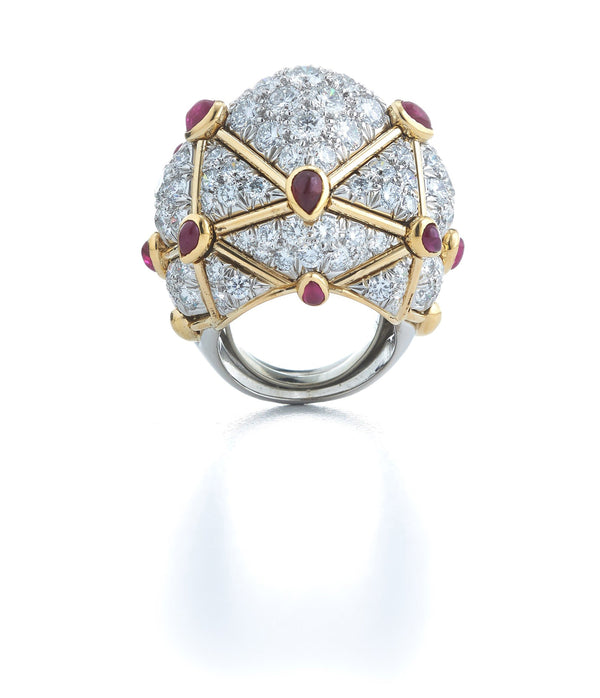 Geodesic Dome Ring, Pear-Shaped Rubies, Diamonds