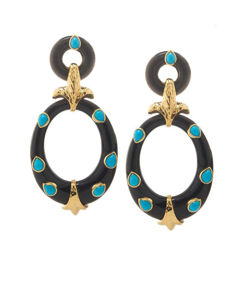 Studded Hoop Earrings, Cabochon Turquoise