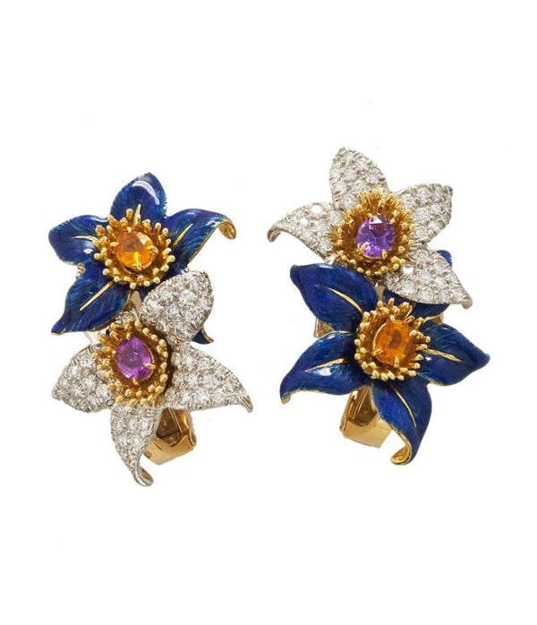 Bloom Earrings, Blue Enamel