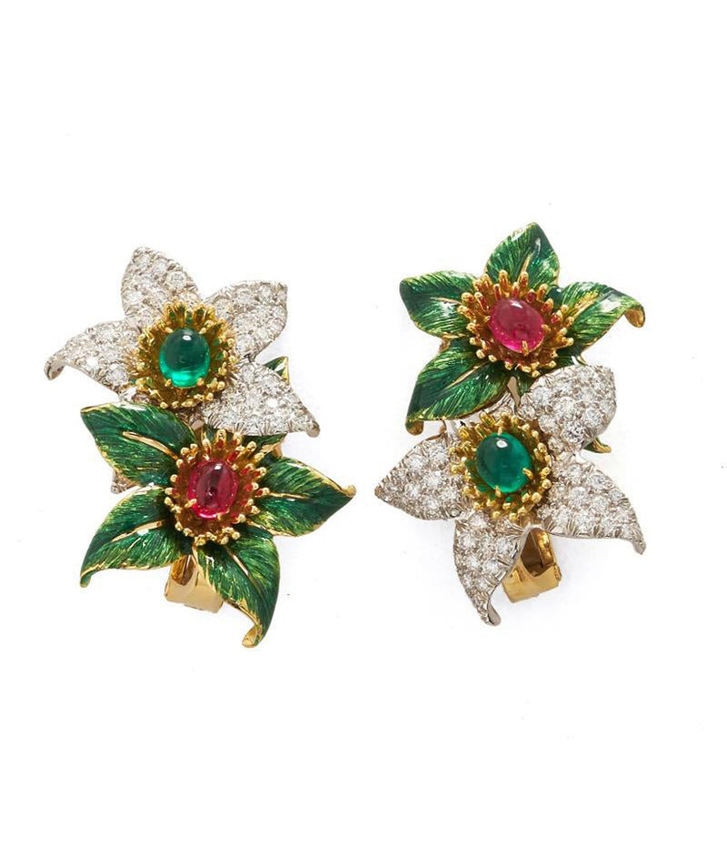 Bloom Earrings, Green Enamel