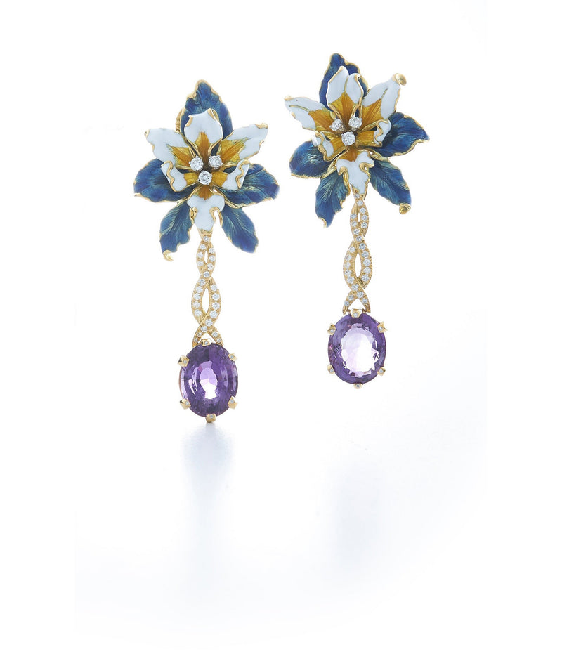 Orchid Earrings, Blue Enamel, Amethyst