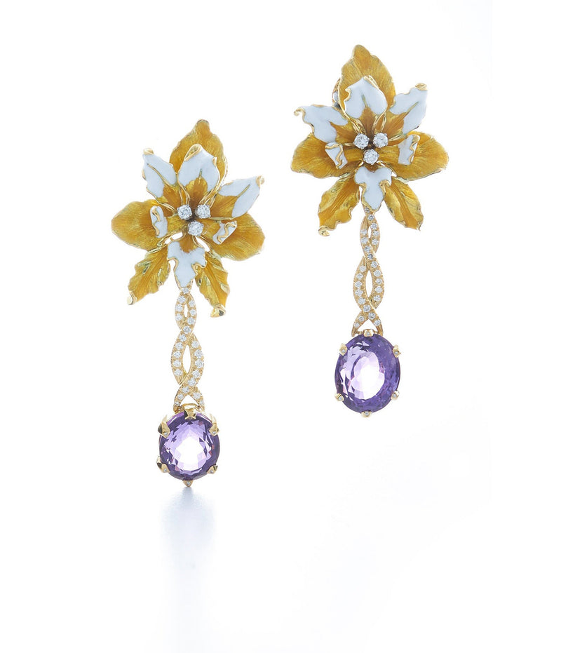 Orchid Earrings, Yellow Enamel, Amethyst