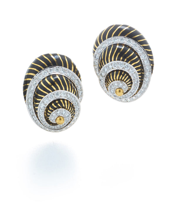 Shell Earrings, Black Enamel, Diamonds