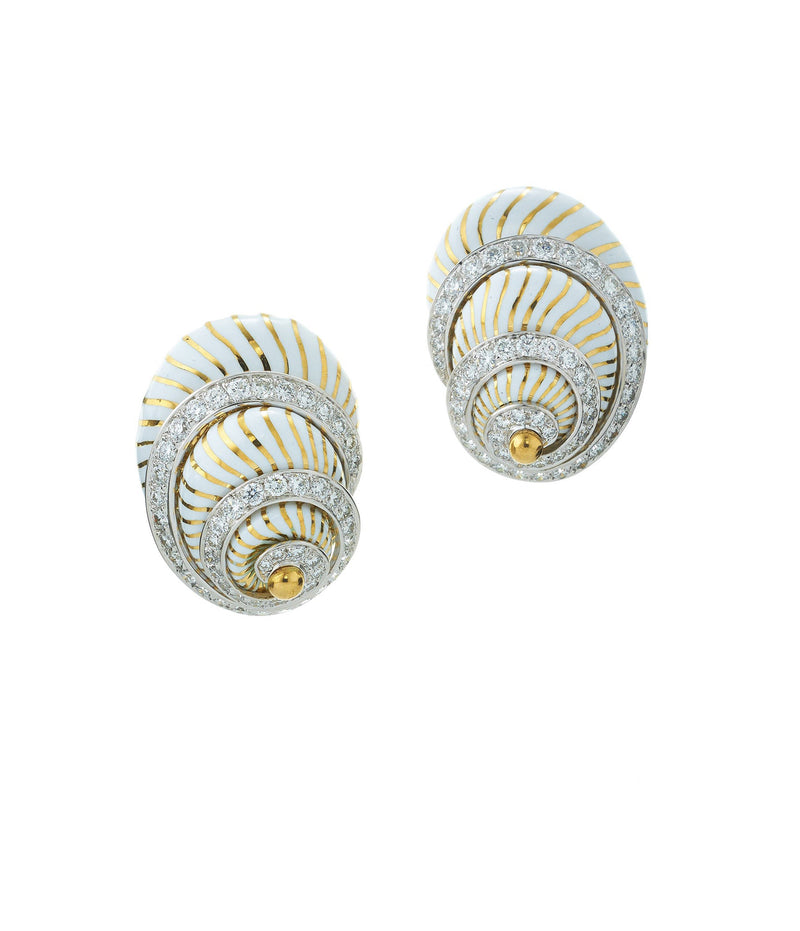 Shell Earrings, White Enamel, Diamonds