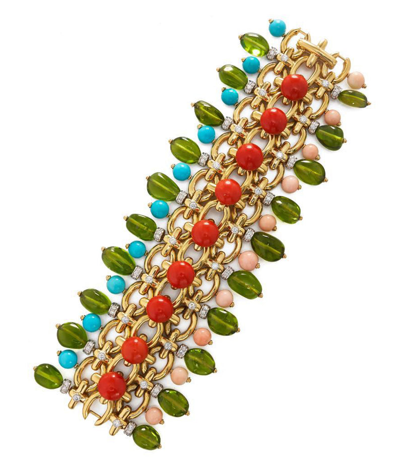 Brocade Bracelet, Peridot, Coral, Turquoise