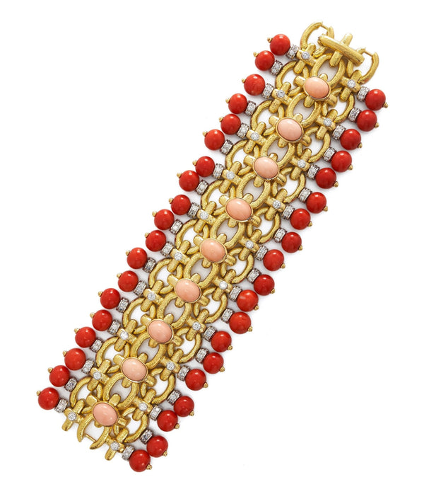 Brocade Bracelet, Hammered 18K Gold, Diamonds, Coral