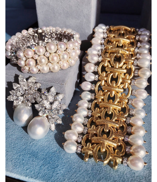 Brocade Bracelet, Hammered 18K Gold, Diamonds, Pearls