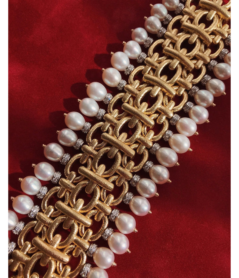 Brocade Bracelet, Hammered 18K Gold, Diamonds, Pearls