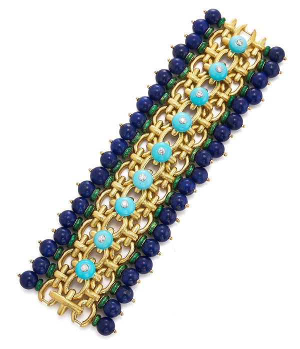 Brocade Bracelet, Diamonds, Turquoise, Lapis Lazuli