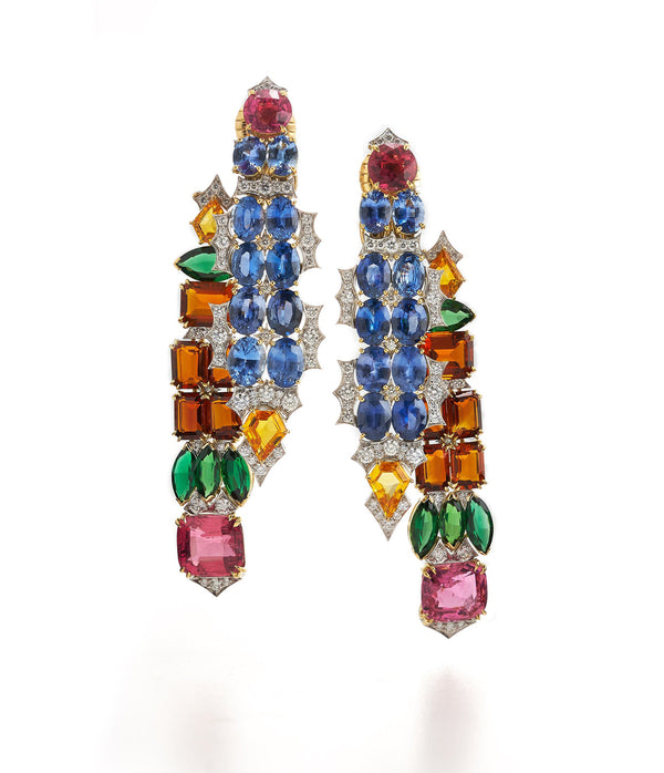 Streamer Earrings, Rubellite, Sapphire, Tourmaline, Citrine