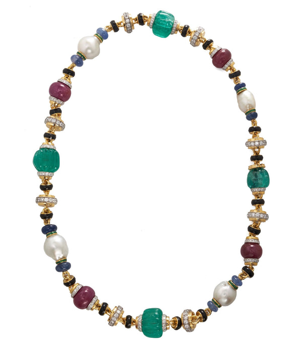 Bead Necklace, Emerald, Ruby, Pearl