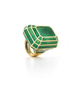 green enamel solitaire ring statement ring with 18k gold shown from an angle
