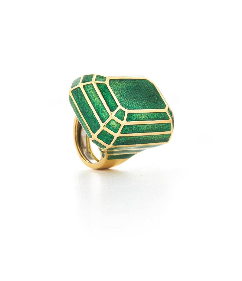 green enamel solitaire ring statement ring with 18k gold shown from an angle