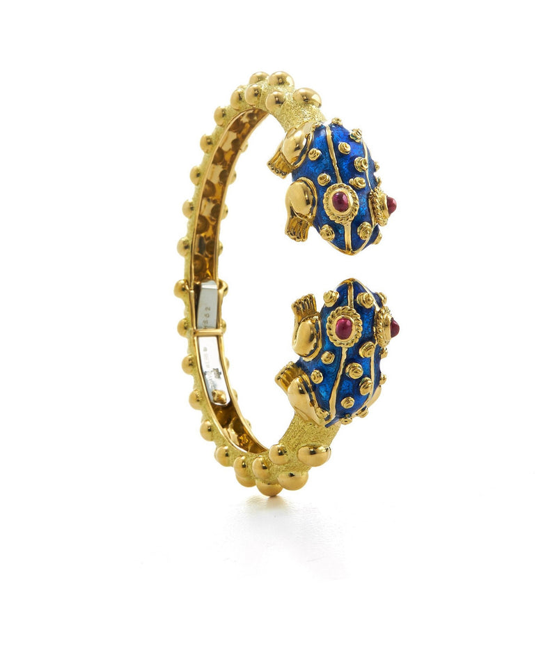 Baby Frog Bangle, Royal Blue Enamel, Ruby