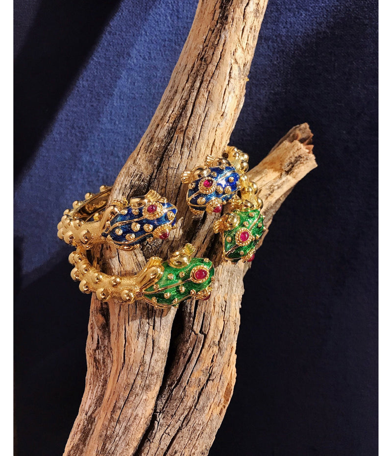 Baby Frog Bangle, Royal Blue Enamel, Ruby