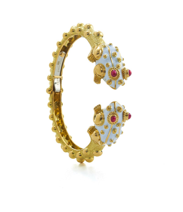 Baby Frog Bangle, White Enamel, Ruby