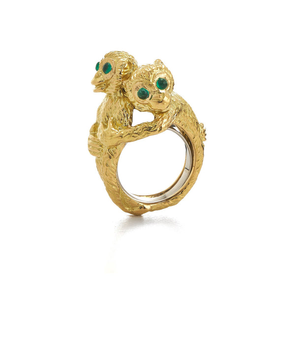 Hugging Monkeys Ring, Emerald