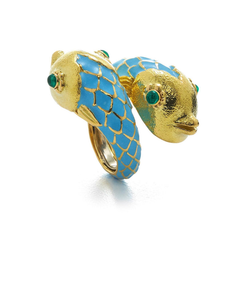 Pisces Ring, Light Blue Enamel with Emerald Eyes