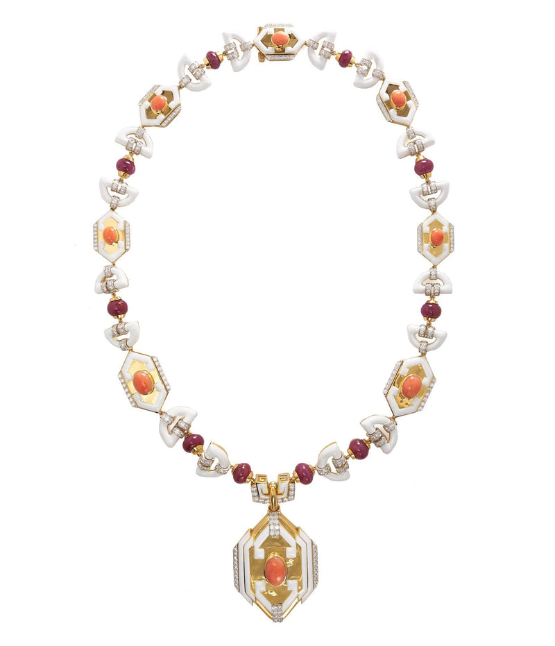 White Enamel Aztec Necklace David Webb New York