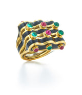 Wave Ring, Black Enamel, Emerald, Ruby