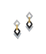 Double Diamond Drop Earrings, Black Enamel