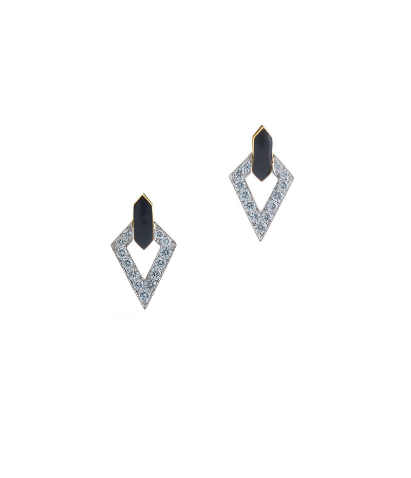 Double Diamond Stud Earrings, Black Enamel