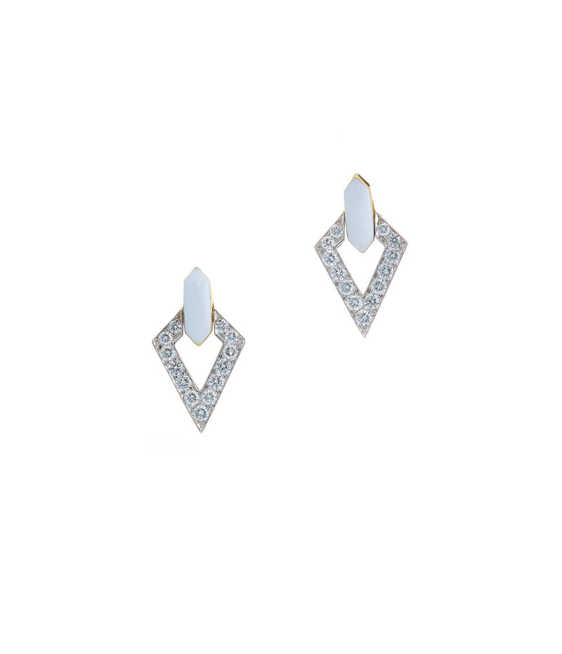 Double Diamond Stud Earrings, White Enamel