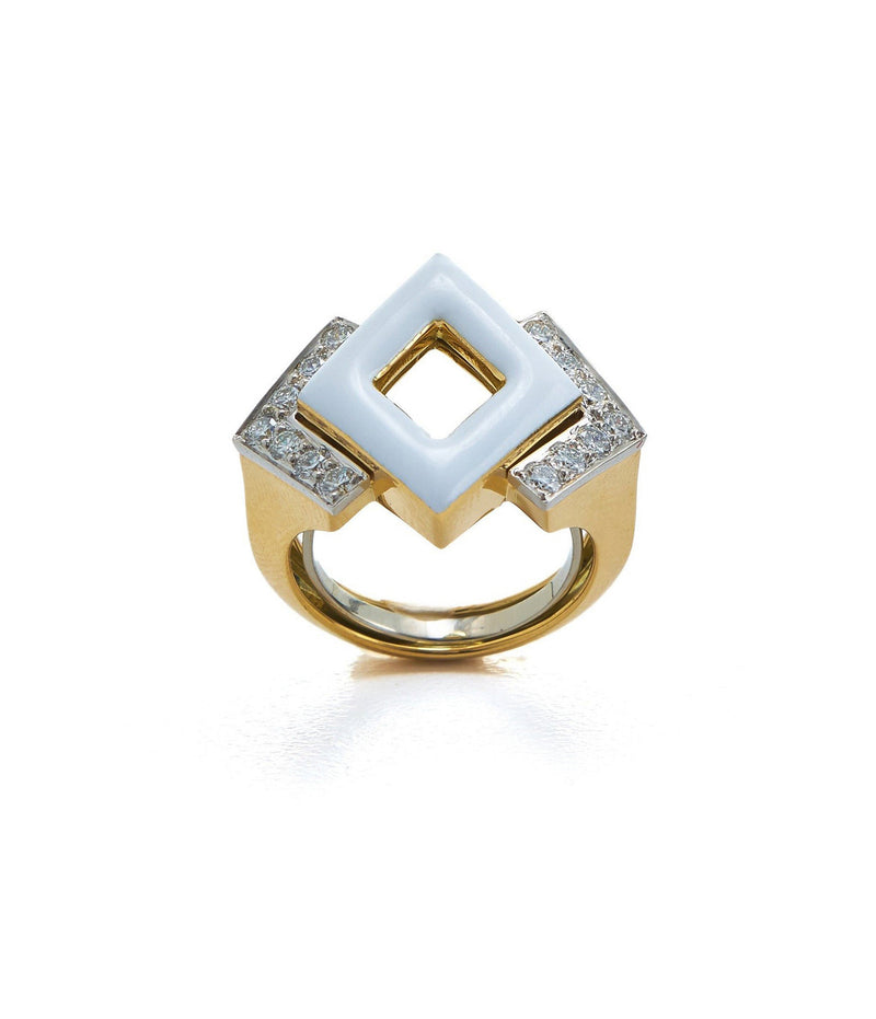 Double Diamond Ring, White Enamel