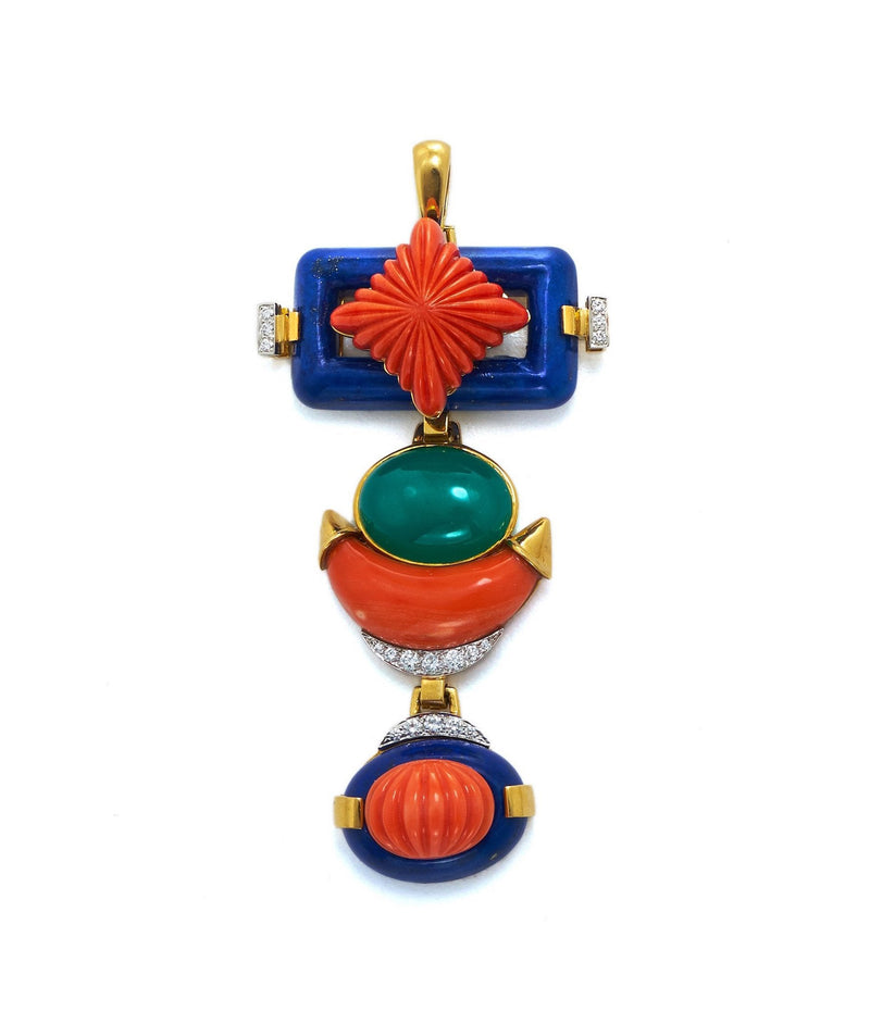 Totem Pendant, Coral, Green Agate, Lapis Lazuli