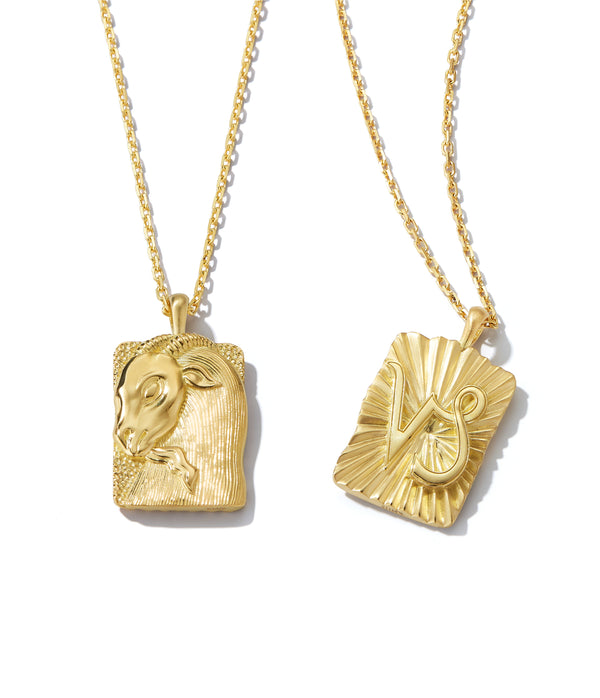 Capricorn zodiac pendants made from 18k gold, front and back shown side by side on separate gold chains
