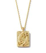 Pisces zodiac pendant with gold fish design front side on 18k gold chain necklace shown close up
