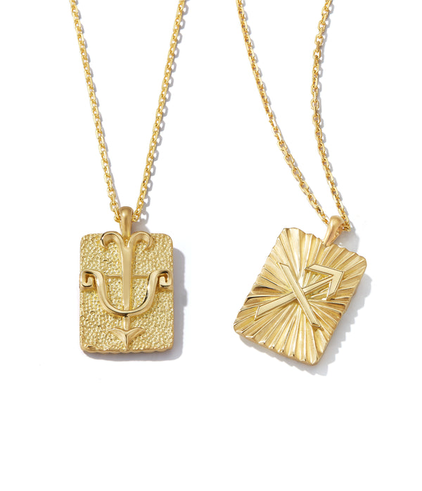 Sagittarius zodiac pendants made from 18k gold, front and back shown side by side on separate gold chains