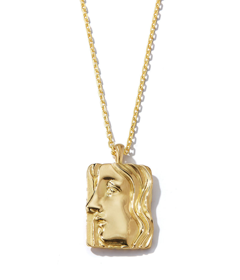 Virgo zodiac pendant with gold maiden design on 18k gold chain necklace shown close up