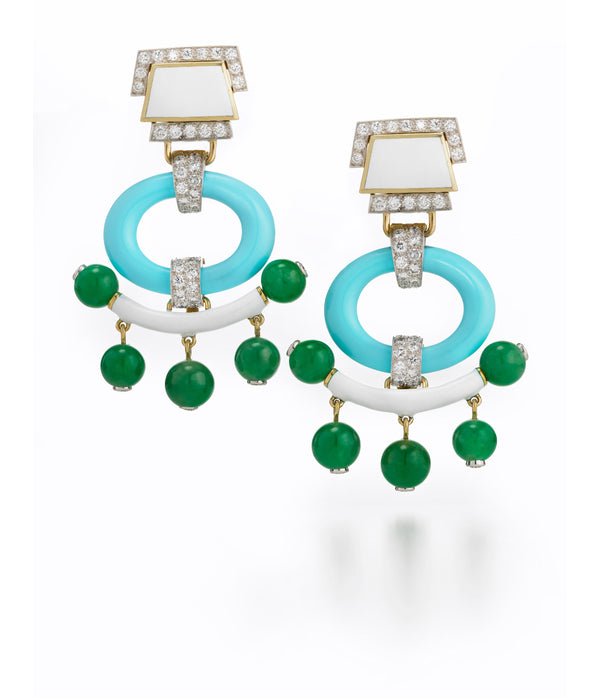 Pagoda Earrings, Turquoise with Jade Beads