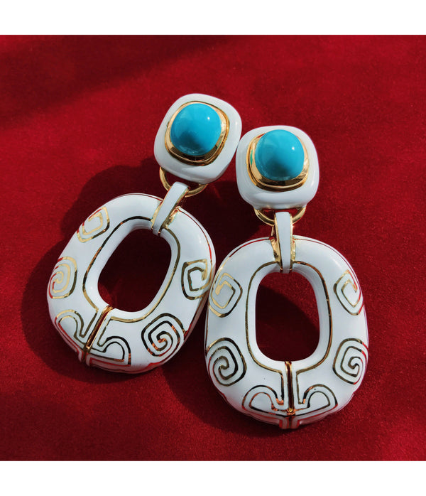 Lantern Earrings, White Enamel, Turquoise