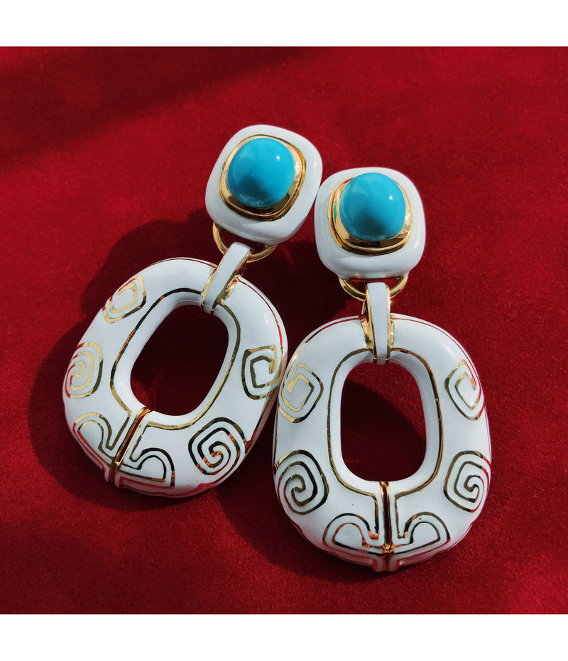 Lantern Earrings, White Enamel, Turquoise