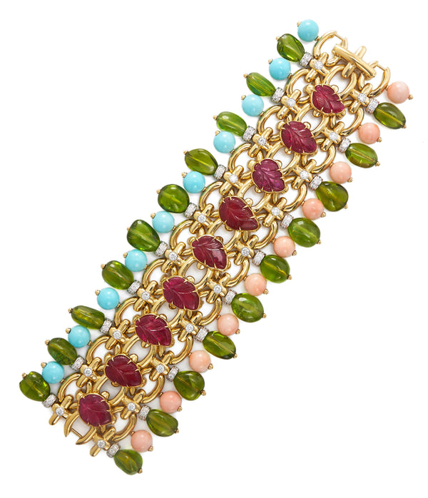 Brocade Bracelet, Ruby, Peridot, Turquoise, Coral