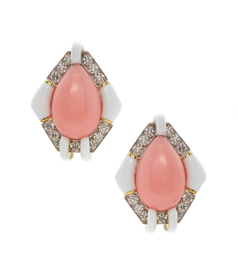 Kite Earrings, White Enamel, Pink Opal