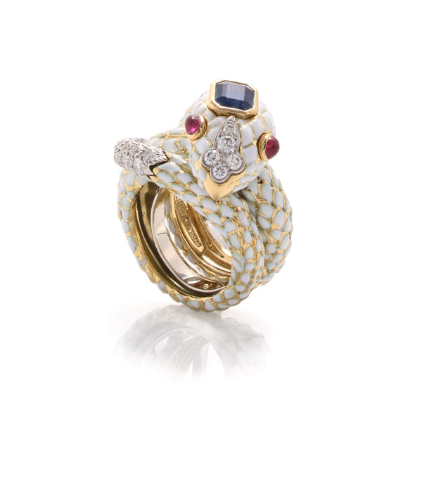 Snake Ring, White Enamel, Sapphire, Ruby