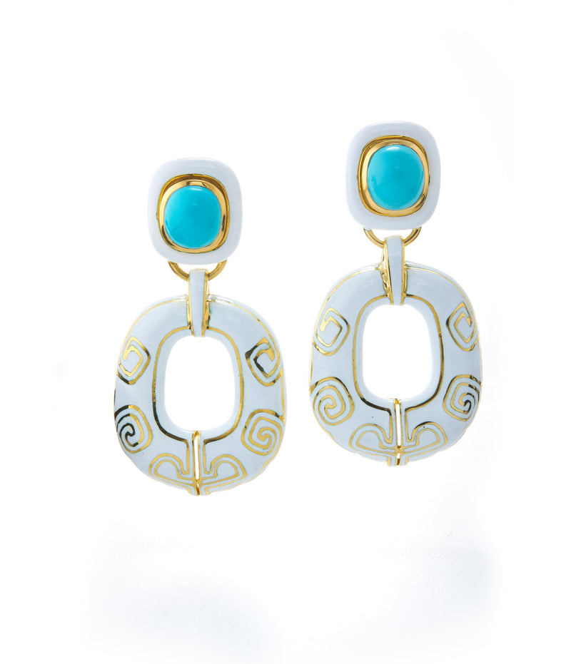 Lantern Earrings, White Enamel, Turquoise