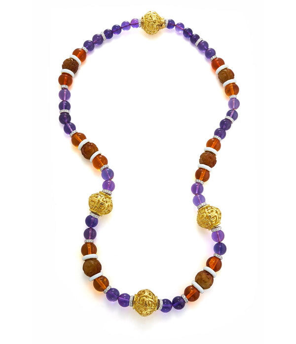 Bead Necklace, Amethyst, Amber
