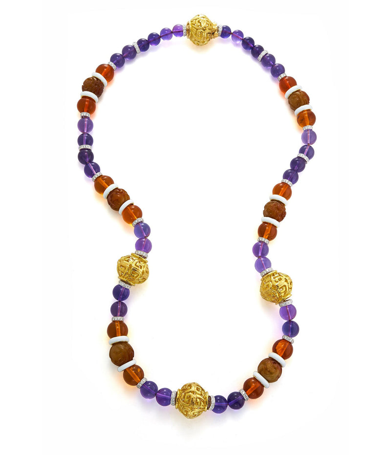 Bead Necklace, Amethyst, Amber