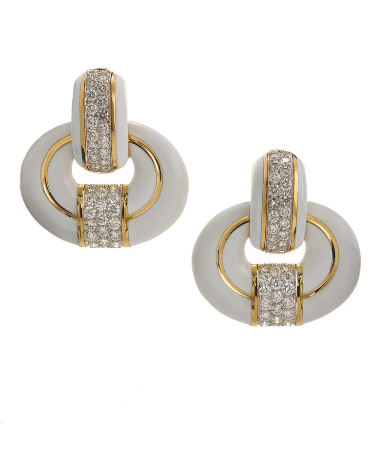 Rock Center Doorknocker Earrings, White Enamel