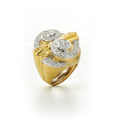 Double Scroll Step Ring, Diamonds, Hammered 18K Gold