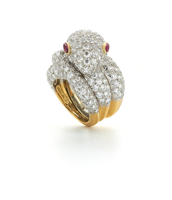 Snake Ring, Diamonds, Ruby